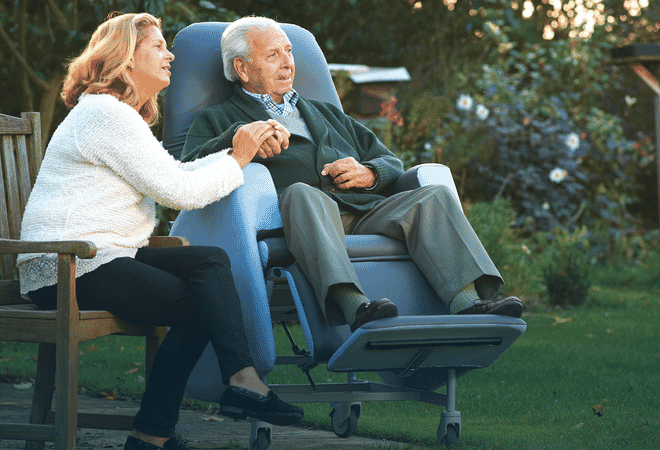 Tilt in Space Chair with elderly man and daughter. 