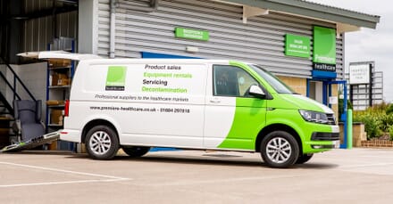 Premiere Rental Van. White and Lime Green.