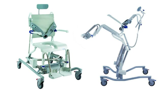 Aquatec Ocean E-VIP from Invacare. Double Image of Green and Blue Apparatus.