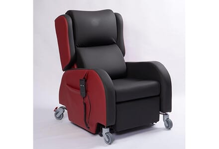 Primacare Affinity Air Comfort Rise and Recline Porter Chair. Red and Black Right Facing. 