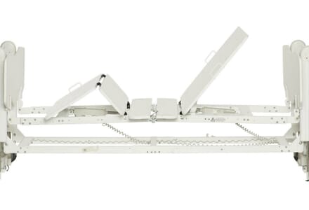 White French Floorline Bed. In white sat up position.