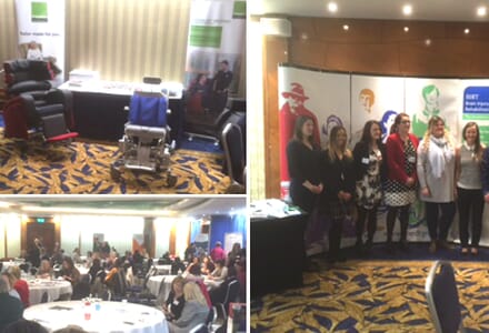 Three Images of Brain Injury Cymru Forum. Featuring Conference Hall, Product Examples and Group Photo.