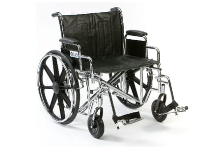 Heavy Duty Wheelchair. Metal Frame and Black Padding.  Right Facing. 