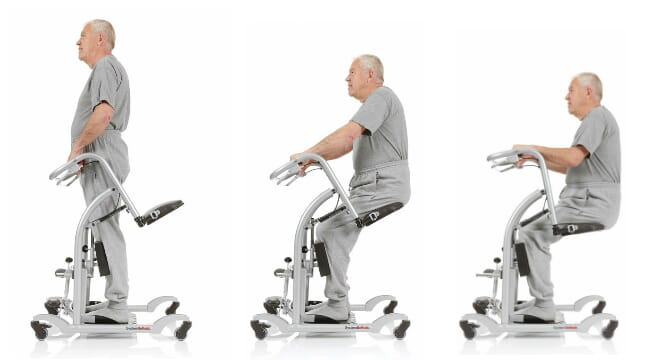 Three images of a man using the Quickmove Mobility Devise, Grey.