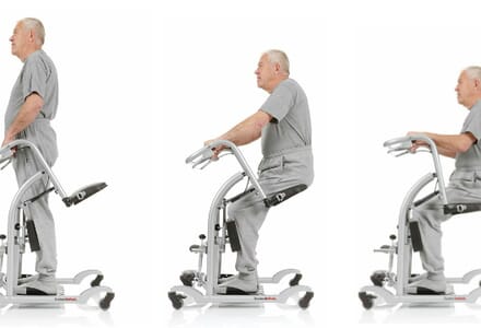 Three images of a man using the Quickmove Mobility Devise, Grey.