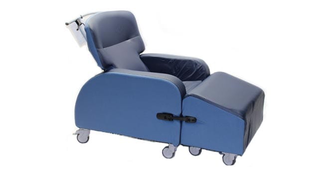 Kirton Omega Chair, Blue with Foot Rest Right Facing. 