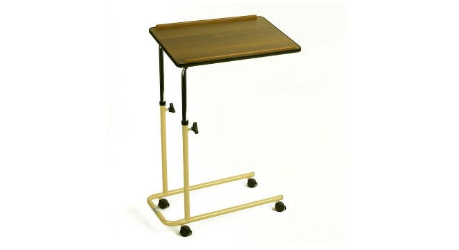 Overbed Table With Castors.  Brown Table with Yellow Legs.