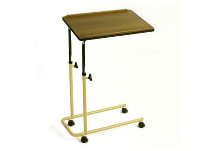 Overbed Table With Castors.  Brown Table with Yellow Legs.