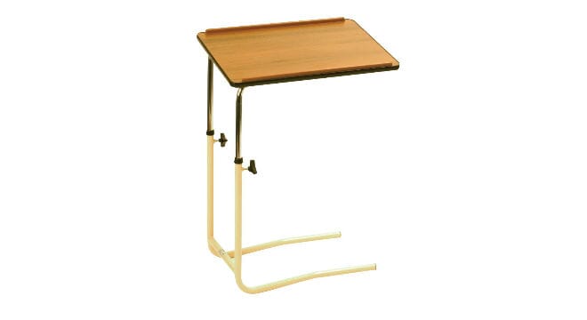 Overbed Table, Brown Table with White Legs.