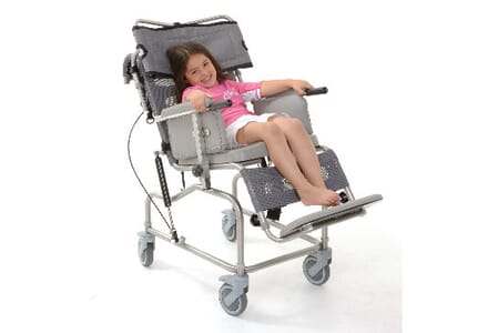 Osprey Paediatric Tilt in Space Shower Chair. Grey Right Facing, Child Sat in Chair.