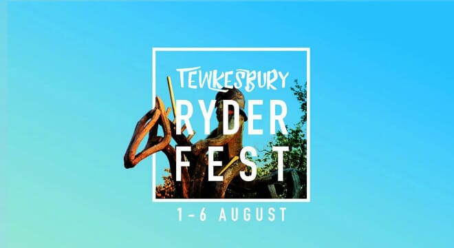 Tewkesbury Ryder Fest, Featuring Wooden Horse and Ride on Blue Background.