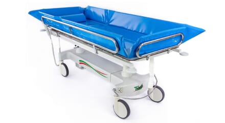 Timo Electric High-low Shower Trolley. Blue Side View.