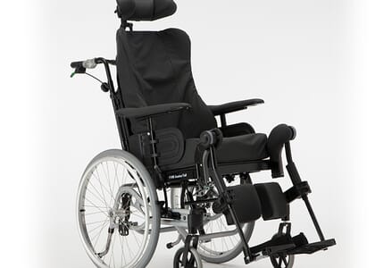 Rea Azalea Tall Wheelchair Black Front View, Right Facing.