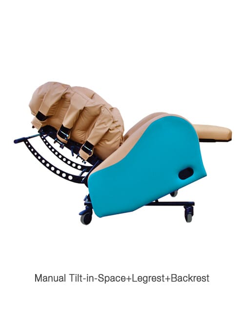 Cura Contour Chair tilted backwards in space with leg rest and extra back support