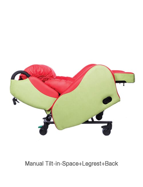 Cura Legacy Kinder Chair tilted back in space with leg rest extended