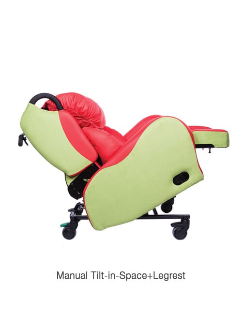 Cura Legacy Kinder Chair tilted back in space with leg rest extended