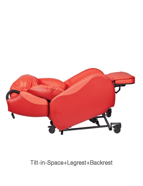Multi Porta CURA Chair fully tilted backwards in space with padded backrest and elevated leg rest